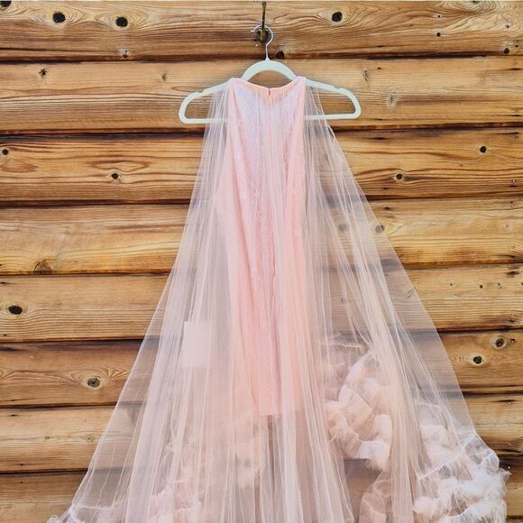 MAC DUGGAL 68252 Light Pink Tulle High Neck Sleeveless Ruffled Hem Hi-Low Gown - Picture 14 of 16